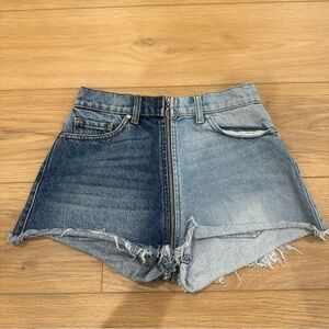 REVICE Two-Tone Blue Denim High-Waist Shorts with Zip Around Closure. Size: 26